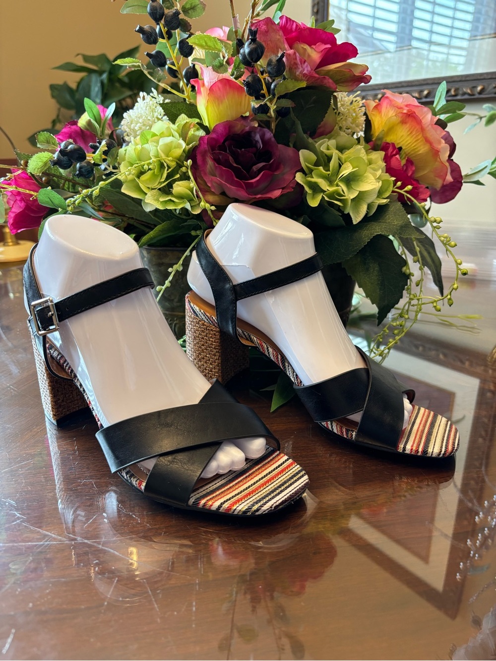 Patrizia Black Strappy Block Heel Sandals with Multicolor Stripe Insole